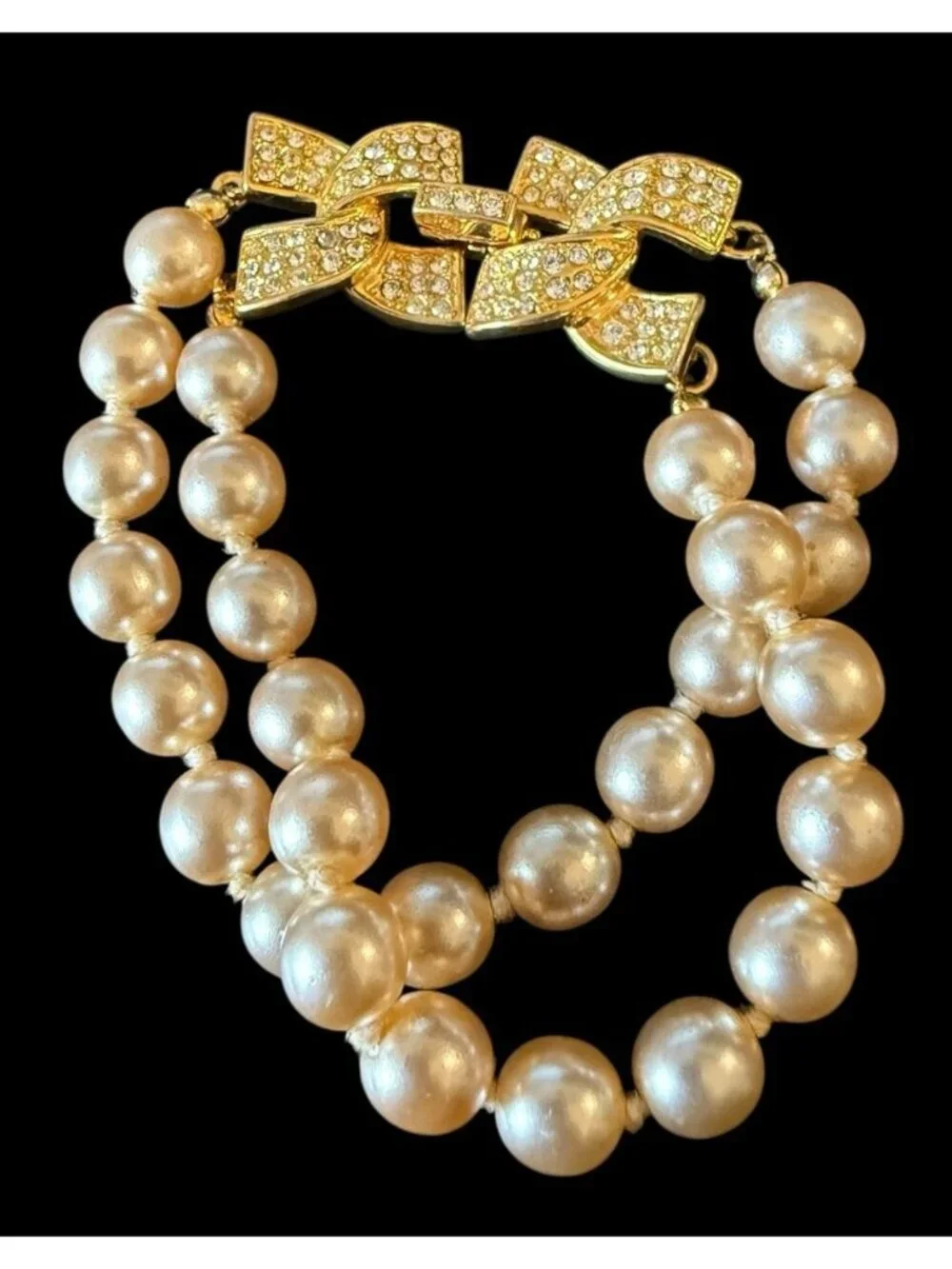 Vintage KJL Kenneth Jay Lane Pave Rhinestone Cream Pearls Bead Bracelet 7" - Picture 1 of 7